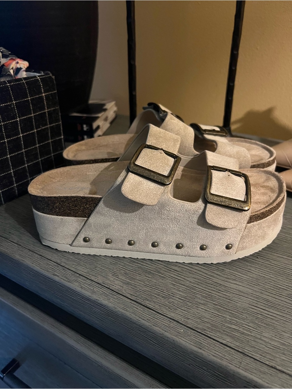 Madden Girl Beige Suede Double-Buckle Platform Sandals